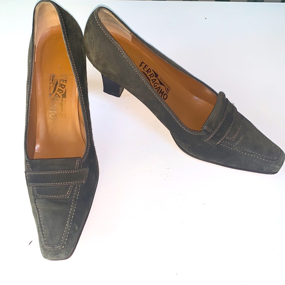 FERRAGAMO Shoes Suede High Heel Loafers Pumps Olive Green Womens Size 8.5
